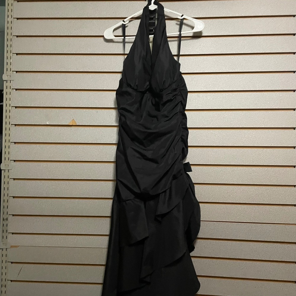 Black Halter Ruched Ruffle Party Cocktail Dress Rhinestone Formal Bow Sz 11